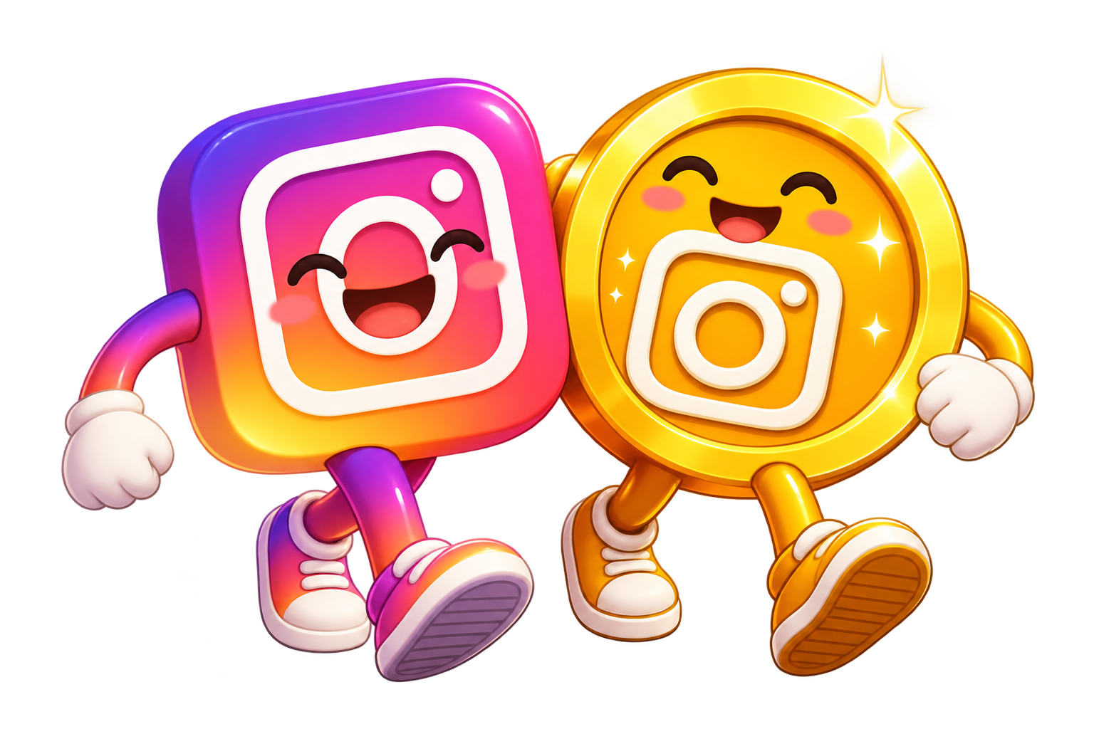 Cartoon Instagram icon and gold Instagram Coin mascots walking together, smiling.